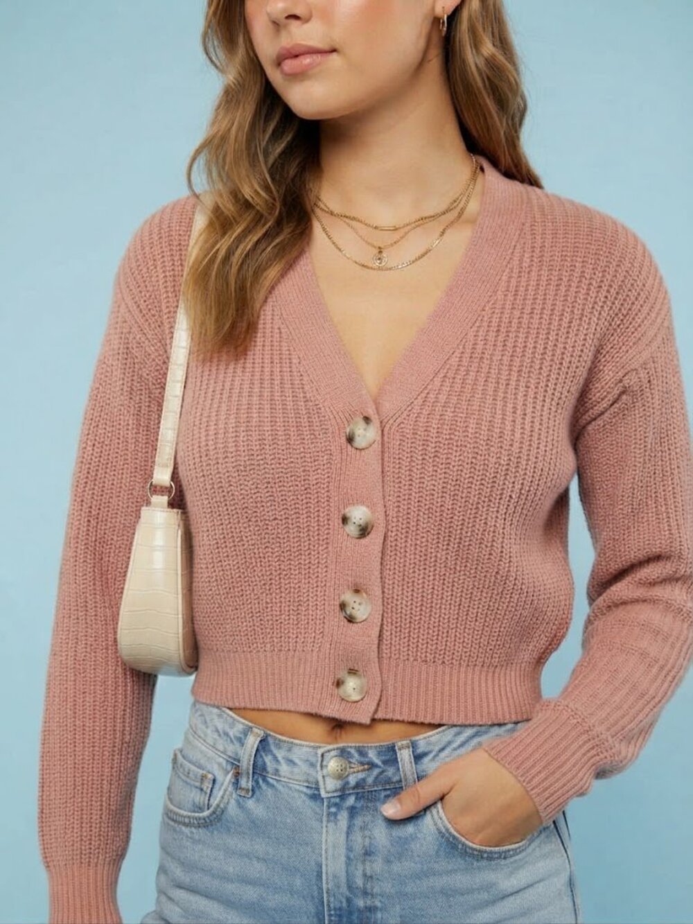 Peach Knit Cropped Button Up Cardigan